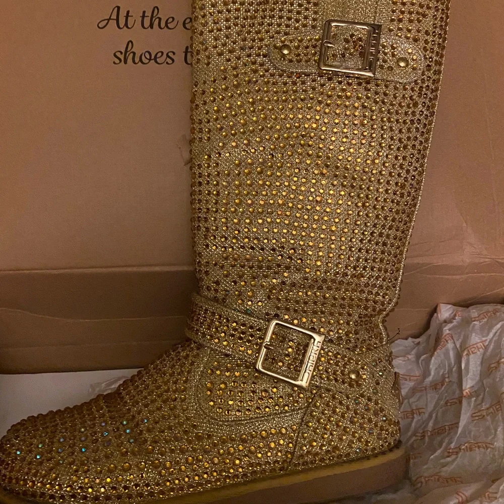 Gold Glitter Rhinestone Boots - Picture 2 of 7